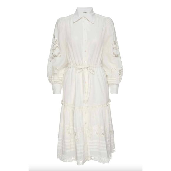 St. Roche Midi Shirt Dress White Cotton Collared Puff Sleeve Tiered Sz 6 Cottage - Picture 5 of 15